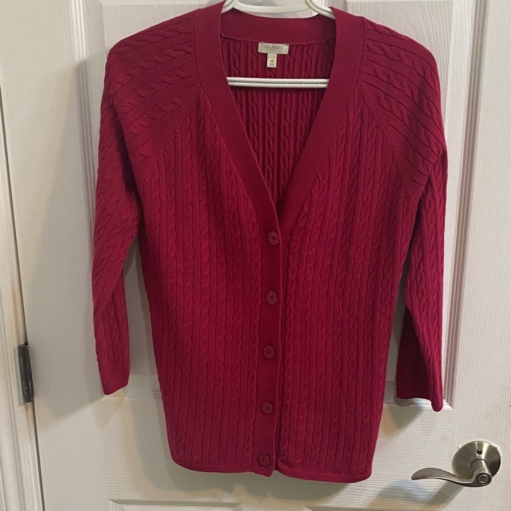 Talbots V Neck Cable Knit Cotton Pink Fuchsia Cardigan Womenโs Medium Spring
